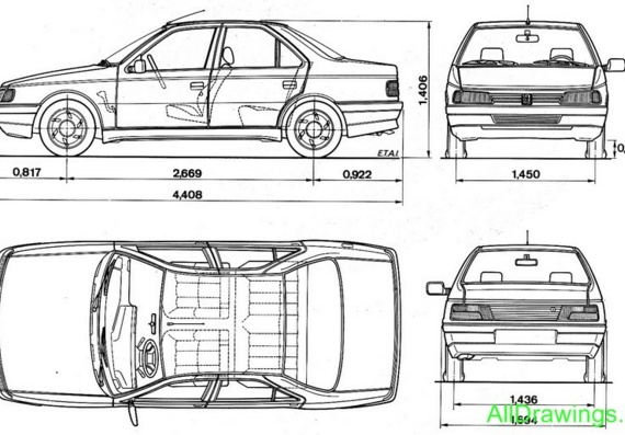 Peugeot 405 Berline (Peugeot 405 Berlin) - drawings (drawings) of the car